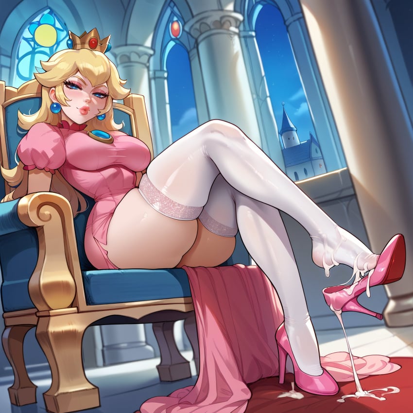 ai_generated blonde_hair blue_eyes brinkai crown cum cum_in_shoe cum_on_feet cum_on_shoes high_heels lips lipstick looking_at_viewer looking_down makeup mario_(series) pink_lipstick princess princess_peach shoe_dangle sitting smirk stockings thick_thighs thighhighs throne