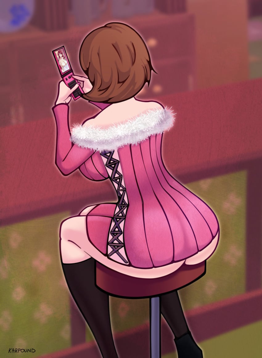 1girls alternate_costume alternate_version_available artist_name ass ass_focus atlus bar_stool bare_shoulders big_ass big_breasts breasts brown_hair brown_hair_female clothed clothed_female clothing curvy curvy_female curvy_figure dress female female_focus female_only from_behind full_body fully_clothed fully_clothed_female hi_res highres karfound large_ass large_breasts light-skinned_female light_skin megami_tensei mitsuru_kirijo no_sex persona persona_3 phone pink_dress sega short_hair short_hair_female simple_background sitting sitting_on_chair solo solo_female solo_focus yukari_takeba