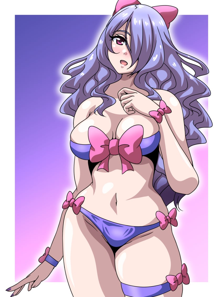 1girls :o alternate_costume bare_arms bare_midriff bare_shoulders bare_thighs bikini breasts camilla_(fire_emblem) cleavage collarbone female female_only fire_emblem fire_emblem_fates hair_over_one_eye hand_on_own_chest inabakun00 long_hair looking_at_viewer medium_breasts midriff nintendo open_mouth pink_eyes purple_bikini purple_hair purple_swimsuit shoulders skindentation smile solo swimsuit thighs very_long_hair