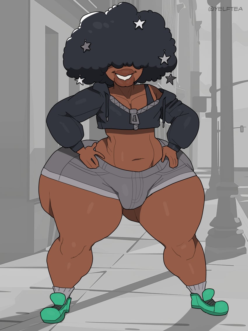 1boy 1boys 1male 2d 2d_(artwork) african_male afro belly belly_button big_ass big_butt big_lips big_thighs black_femboy black_hair black_hoodie black_male black_sports_bra brown_skin brown_skinned_male bulge bulge_under_clothes child_bearing_hips commission crop_hoodie crop_top crop_top_hoodie cropped_hoodie curly_hair dark-skinned_femboy dark-skinned_male dark_hair dark_skin dick_sucking_lips exposed_belly eyes_behind_hair femboy femboy_only feminine_male fluffy_hair full_lips giant_ass gray_shorts gray_socks green_shoes grey_shorts grey_socks hair_covering_eyes hair_decoration hair_ornament hair_ornaments hair_over_eyes hands_on_hips hips_wider_than_shoulders huge_ass kinky_hair male male_only original shorts smiling socks socks_and_shoes solo solo_femboy solo_male sports_bra star_hair_ornament star_ornament teapot_(body_type) thick thick_ass thick_lips thick_thighs wide_hips yelftea