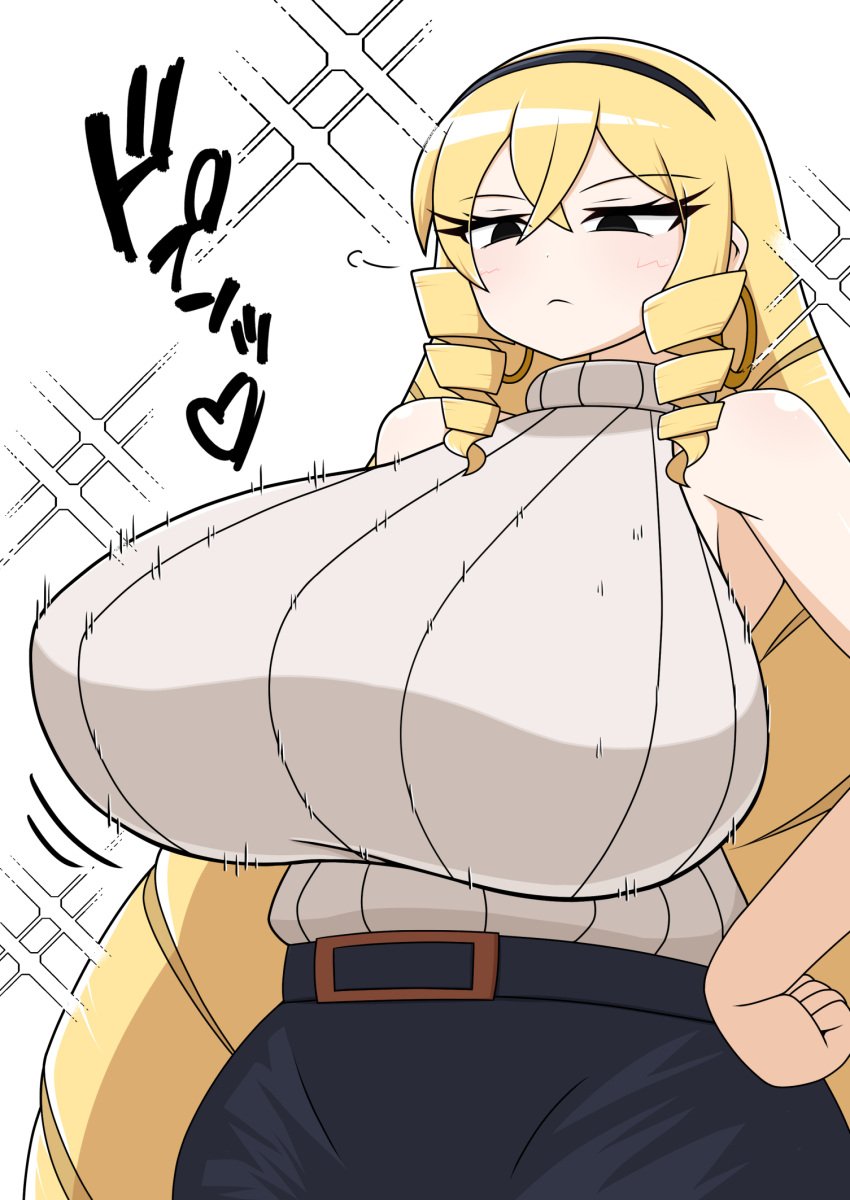 0825gensou 1girls :&lt; belt berun_(zakeruga1zakeru) blonde_hair blush bouncing_breasts child_bearing_hips cowboy_shot drill_hair earrings fair_skin frown gigantic_breasts hairband hand_on_hip heart highres hoop_earrings huge_breasts japanese_text kaneda_maria long_hair looking_down milf mother motion_lines mount_celeb_kaneda-san skirt sleeveless_turtleneck slight_frown solo sparkling_aura turtleneck turtleneck_sweater twin_drills very_long_hair white_sweater wide_hips