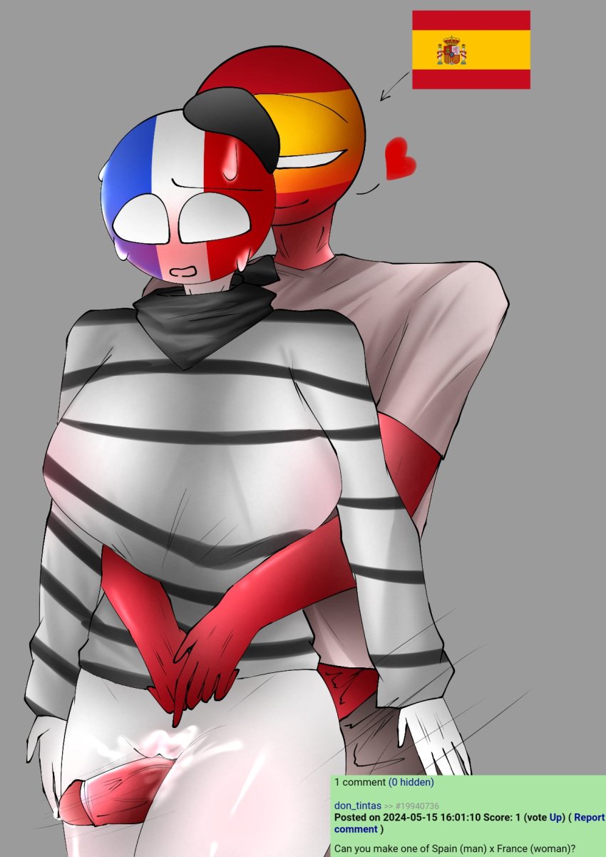 1boy 1girls 44waa29304 beret bodily_fluids countryhumans countryhumans_girl female france france_(countryhumans) male partially_clothed penis pussy red_body red_skin scarf spain spain_(countryhumans) tagme thigh_sex white_body white_skin