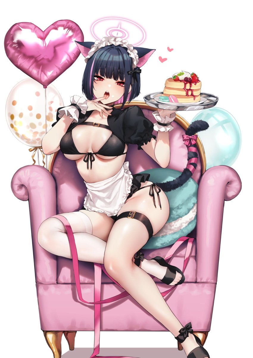 after-school_sweets_club_(blue_archive) asymmetrical_legwear balloon balloons bikini_top blue_archive blush danimaru heart heart_balloon kazusa_(blue_archive) large_breasts macaron maid_headdress maid_uniform naughty_face pancake reverse_maid_uniform sitting sitting_on_sofa thigh_strap toes tongue_out trinity_general_school_student white_background white_thighhighs