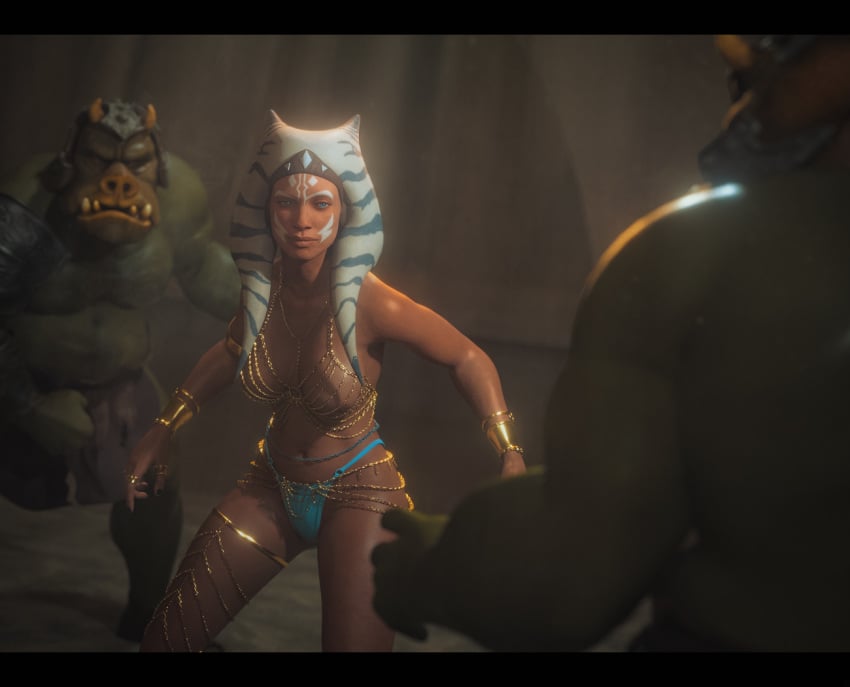 1girls 3d ahsoka_tano bead_bikini bikini_bottom blue_eyes gamorrean gold_jewelry jedi orange_skin phloki rosario_dawson star_wars togruta