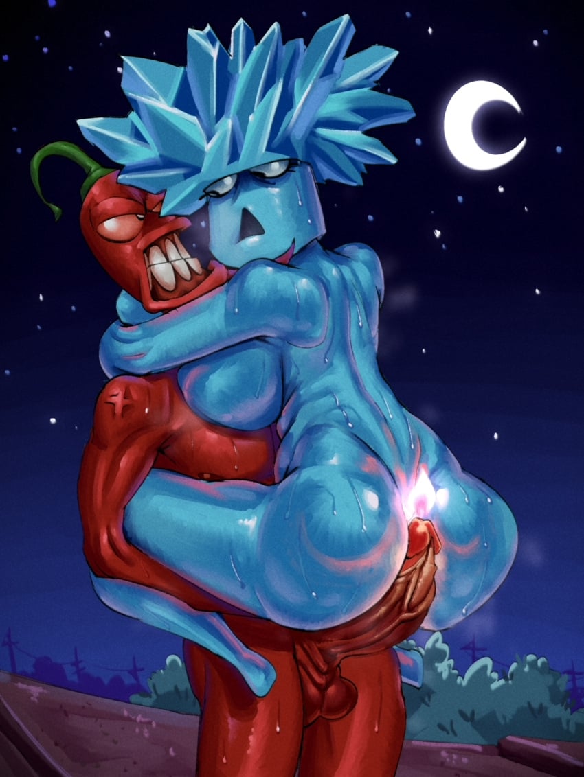 angry blue_body blue_penis blue_skin breasts cock dendra_enigma fire ice-shroom_(pvz) jalapeno_(pvz) night penis plants_vs_zombies pvz red_body red_hair red_penis red_skin zack_main