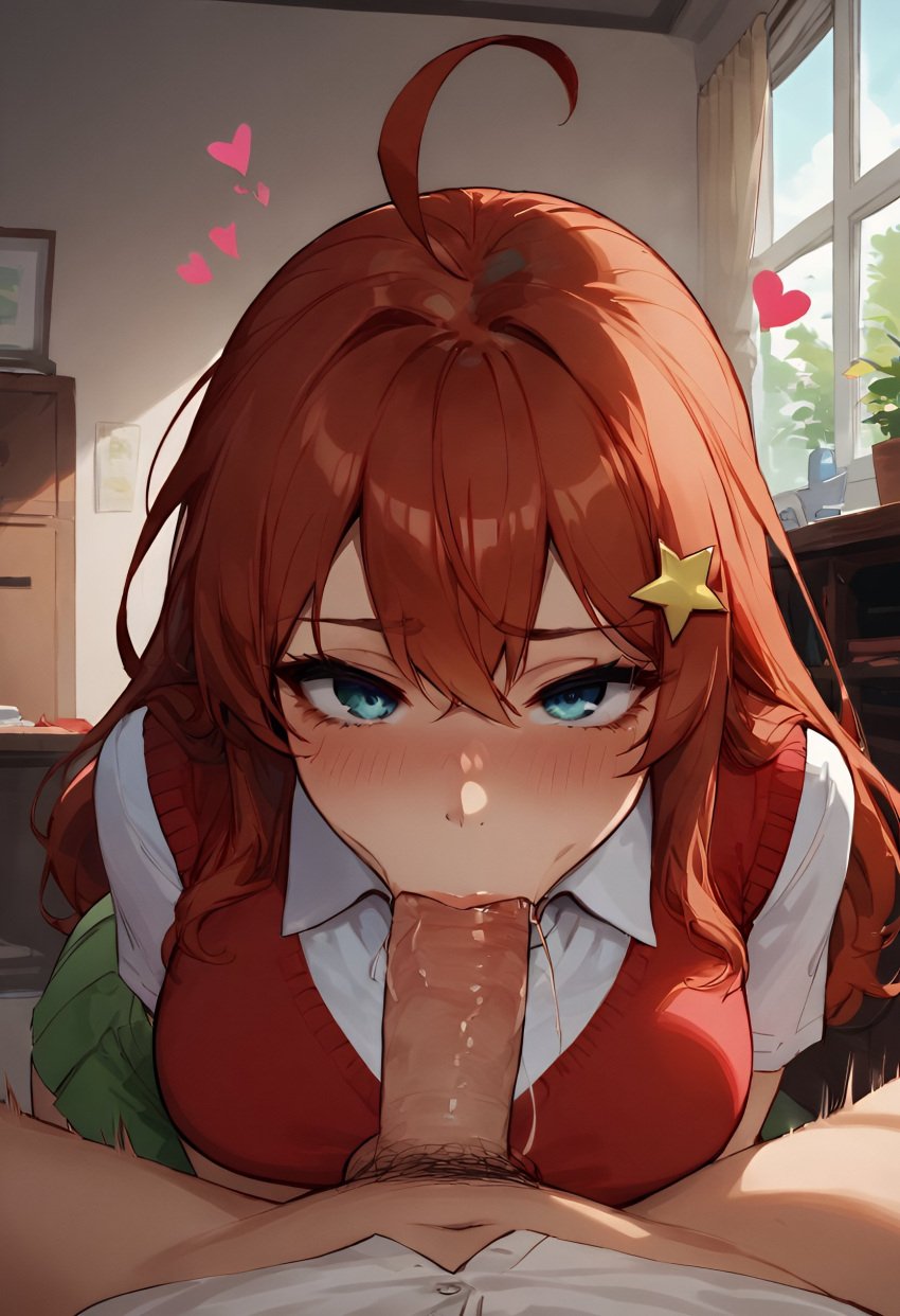 1boy 1girls :&gt;= ai_generated artist_name blowjob blowjob_face blowjob_gesture blue_eyes blush brasao drool faceless_male fellatio go-toubun_no_hanayome hair_ornament hearts_around_head interior looking_at_viewer motion_blur motion_lines nakano_itsuki patreon penis pov pov_eye_contact red_hair school_uniform schoolgirl skirt