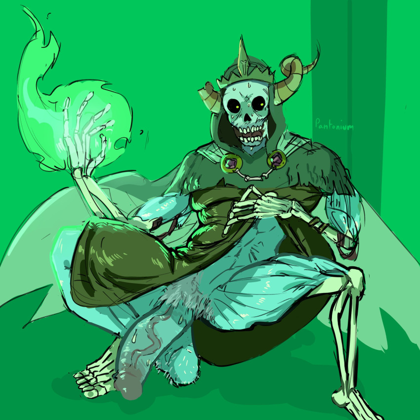 adventure_time balls bara big_penis flaccid green_theme horns lifting_clothing male male_only penis pigeonpantonium skeleton solo solo_male spread_legs the_lich