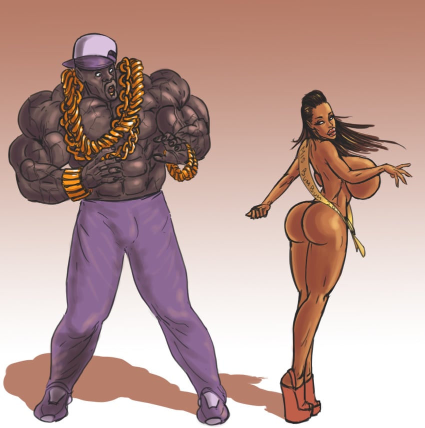 ass big_breasts breasts brown_eyes brown_hair bulge cap color dark-skinned_male dark_skin female gold_teeth hair hat high_heels human large_breasts latina long_hair male mnogobatko muscular naked_footwear naked_heels nude portuguese_text ribbon standing topless vascular