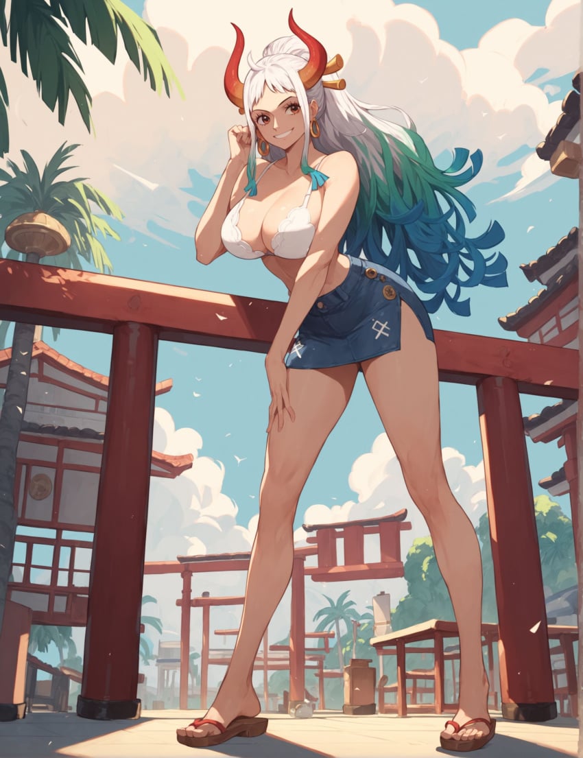 1girls ai_generated ass city conniexx denim_skirt earrings female female_only horns large_breasts light-skinned_female one one_piece palm_tree palm_trees sandals skirt smile stable_diffusion thighs white_bra yamato_(one_piece)