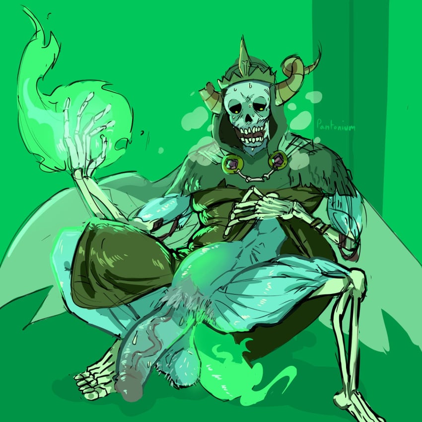 adventure_time anal_sex balls bara big_penis flaccid green_theme horns lifting_clothing male male_only penis pigeonpantonium skeleton solo solo_male spread_legs stomach_bulge the_lich