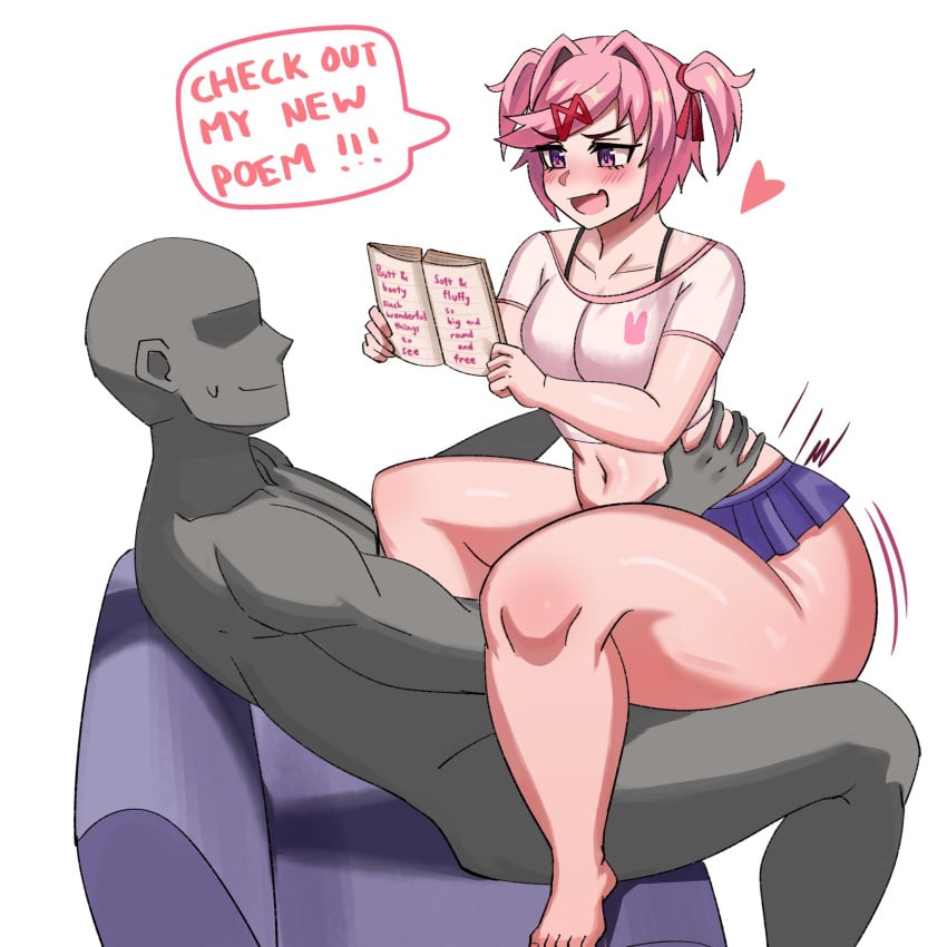 1boy 1girls anonymous_male blue_skirt blush doki_doki_literature_club english_text natsuki_(doki_doki_literature_club) open_mouth pink_eyes pink_hair pixiv_link short_skirt skirt text thick thick_thighs thighs ytrall