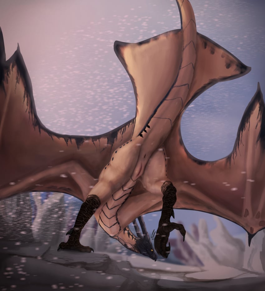 anus ass belly_scales black_claws capcom claws dragon european_mythology female feral flying_wyvern genitals hi_res legiana looking_at_viewer monster_hunter mythological_creature mythological_scalie mythology pussy rakess scales scalie snow solo western_dragon wyvern