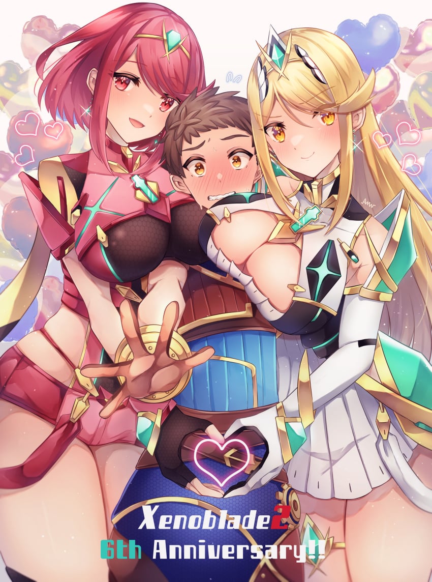 1boy 2girls absurdres amanoru_mozuku anniversary balloon black_gloves blonde_hair blush breasts brown_eyes brown_hair canon_couple canon_polyamory chest_jewel cleavage cleavage_cutout clothing_cutout core_crystal core_crystal_(xenoblade) dress earrings elbow_gloves english_text fingerless_gloves floating_earring girl_sandwich gloves happy_anniversary heart heart_balloon heart_hands heart_hands_duo highres jewelry large_breasts multiple_girls mythra nintendo outstretched_arm pyra red_eyes red_hair red_shorts rex_(xenoblade) sandwiched short_dress short_hair short_shorts shorts simple_background skindentation smile swept_bangs thigh_strap tiara two-tone_gloves white_dress white_gloves xenoblade_(series) xenoblade_chronicles_2 yellow_eyes