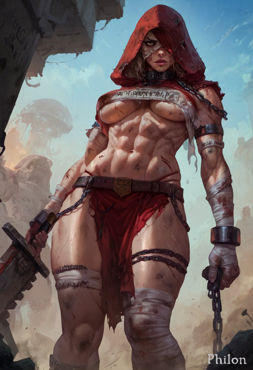 1girls abs adepta_sororitas ai_generated arm_wrap bandaged_arm bandaged_leg bandages belt blood blood_on_weapon blue_sky breasts broken brown_hair chains collar day dirty gloves glowing glowing_eye hair_over_one_eye holding holding_sword holding_weapon hood hood_up injury large_breasts lips looking_at_viewer muscular muscular_female navel nose obliques one_eye_covered outdoors philon red_eyes red_hood scar sister_of_battle sister_repentia sky solo_focus stable_diffusion sword thigh_strap torn_clothes underboob warhammer_(franchise) warhammer_40k weapon