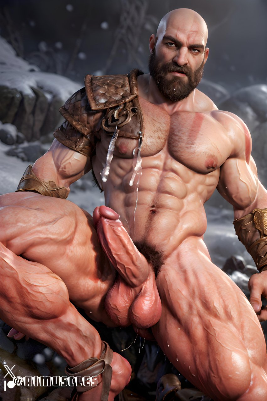 1boy ai_generated aimuscles bald bald_man bara barely_clothed barely_covered beard big_penis daddy dilf facial_hair god_of_war kratos large_penis looking_at_viewer male male_focus male_only mature_male muscles muscular muscular_arms muscular_ass muscular_back muscular_legs nature nature_background older_male outdoor_nudity outdoors partially_clothed_male partially_nude partially_undressed penis penis_sticking_out public_exposure red_markings red_skirt scantily_clad shoulder_pads snow snowy_background winter