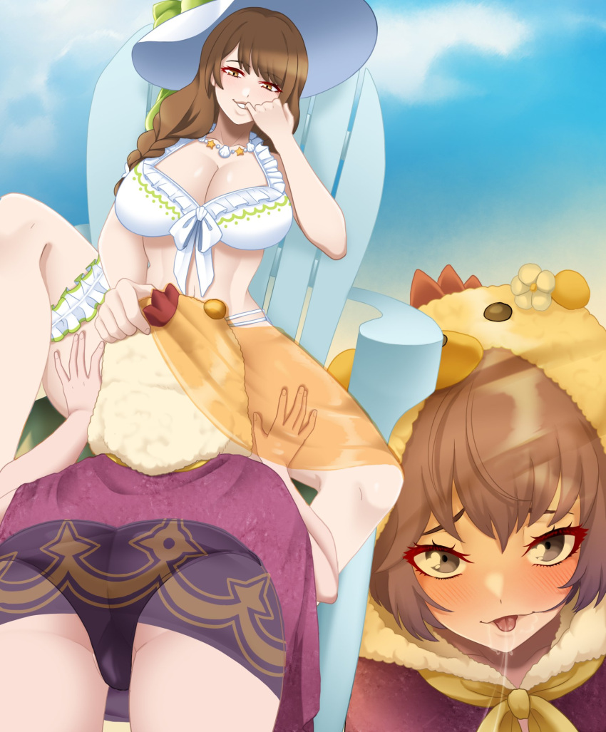 2girls alternate_costume ass bernadetta_von_varley bernadetta_von_varley_(summer) bikini breasts brown_eyes brown_hair cleavage cunnilingus female female_only female_pov fire_emblem fire_emblem:_three_houses fire_emblem_engage fire_emblem_heroes goldmary_(fire_emblem) goldmary_(summer)_(fire_emblem) grey_eyes hat incognigoat large_breasts multiple_girls nintendo official_alternate_costume pov purple_bikini purple_hair purple_swimsuit saliva saliva_string saliva_trail sarong see-through sun_hat swimsuit tongue tongue_out white_bikini white_swimsuit yellow_sarong yuri