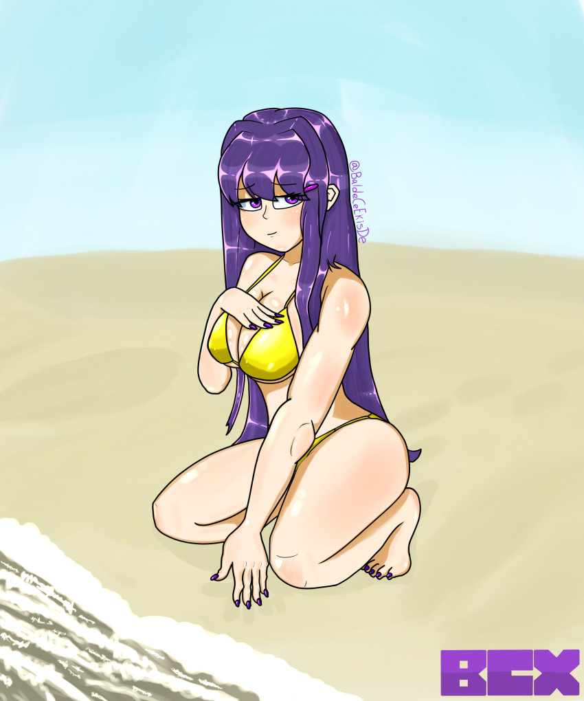 1girls 5_fingers baldecx baldecx bikini bikini_bottom bikini_top breasts cleavage doki_doki_literature_club fingernails long_hair painted_fingernails painted_nails purple_eyes purple_fingernails purple_hair purple_nails swimwear yellow_bikini yellow_bikini_bottom yellow_bikini_top yuri_(doki_doki_literature_club)