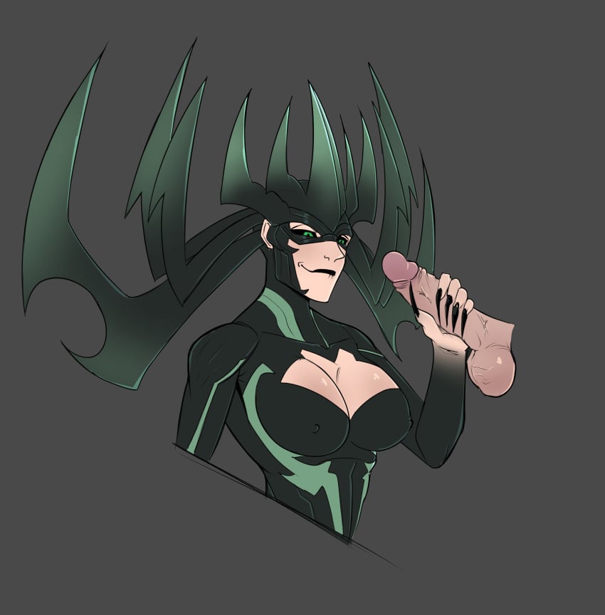 black_sclera cleavage female green_eyes handjob hela horned_headwear horned_helmet horns loganpg34 male/female marvel marvel_comics marvel_rivals mask masked masked_female penis