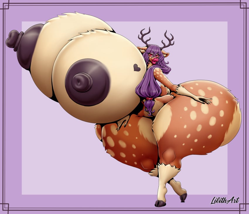 1girls anthro ass bimbo breasts brown_fur deer fangs female female_only furry huge_ass huge_breasts hyper hyper_ass hyper_breasts lilith_art looking_at_viewer nipples nude original original_character purple_hair solo tattoo thick_lips thick_thighs umbris_(character) vampire wide_hips ych_result