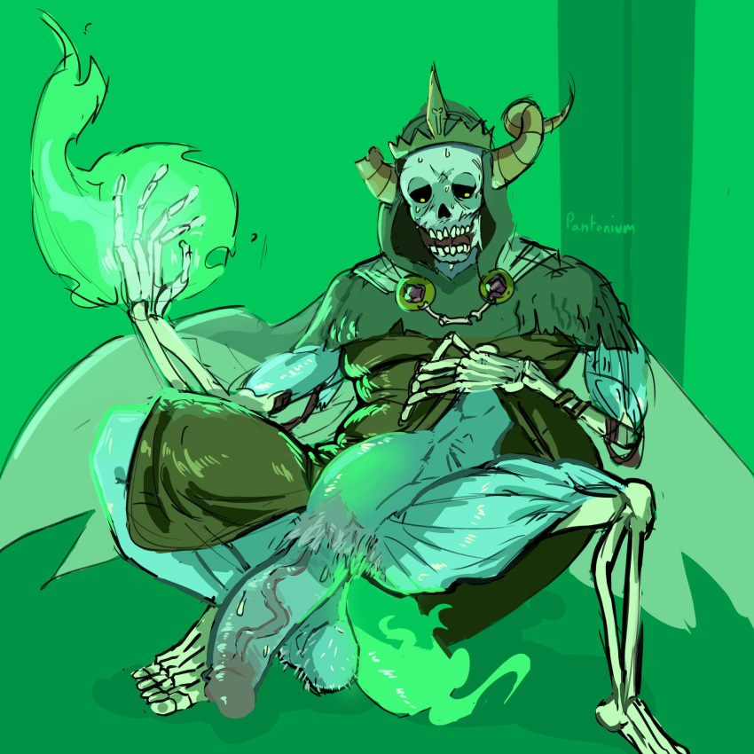 adventure_time anal_sex balls bara big_penis flaccid green_theme horns lifting_clothing male male_only penis pigeonpantonium skeleton solo solo_male spread_legs stomach_bulge the_lich