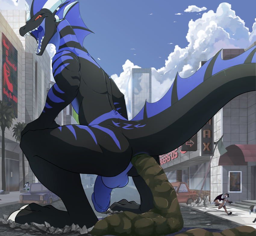 2016 anthro anus balls blitzdrachin city claws detailed_background dragon fangs feces hi_res macro male penis scat scat wrath