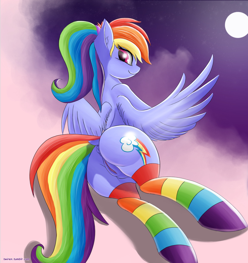 anus ass clothing equine female friendship_is_magic hair legwear looking_back mammal multicolored_hair my_little_pony nude pegasus pussy rainbow_dash_(mlp) smile solo stockings straight_hair twiren wings