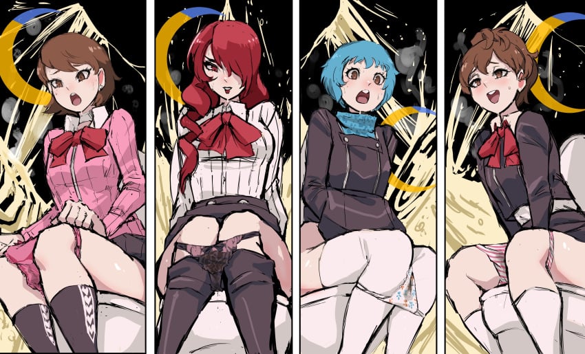 4girls atlus biku blue_hair blush bow bow_panties breasts brown_eyes brown_hair character_request female_protagonist_(persona_3) fuuka_yamagishi kotone_shiomi long_hair mitsuru_kirijo open_mouth panties pantyhose pantyhose_pull peeing persona persona_3 pink_panties red_eyes red_hair relief relieved short_hair sitting skirt skirt_lift stained_panties striped_panties sweat thighhighs toilet toilet_use underwear urination urine wet wet_panties wet_pantyhose white_thighhighs yukari_takeba