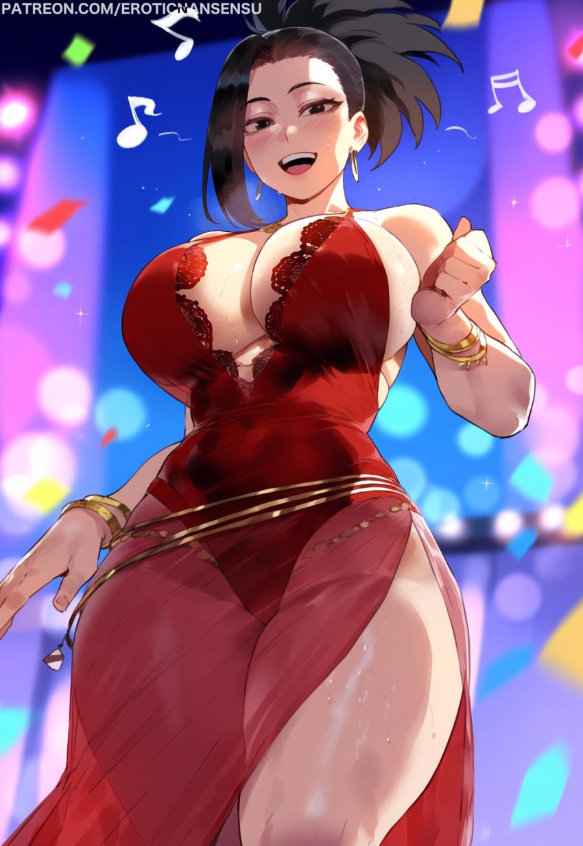 ai_assisted ai_generated bedroom_eyes big_breasts dancing earrings erotic_nansensu momo_yaoyorozu musical_note my_hero_academia pantyless seducing seductive teenager thick_thighs