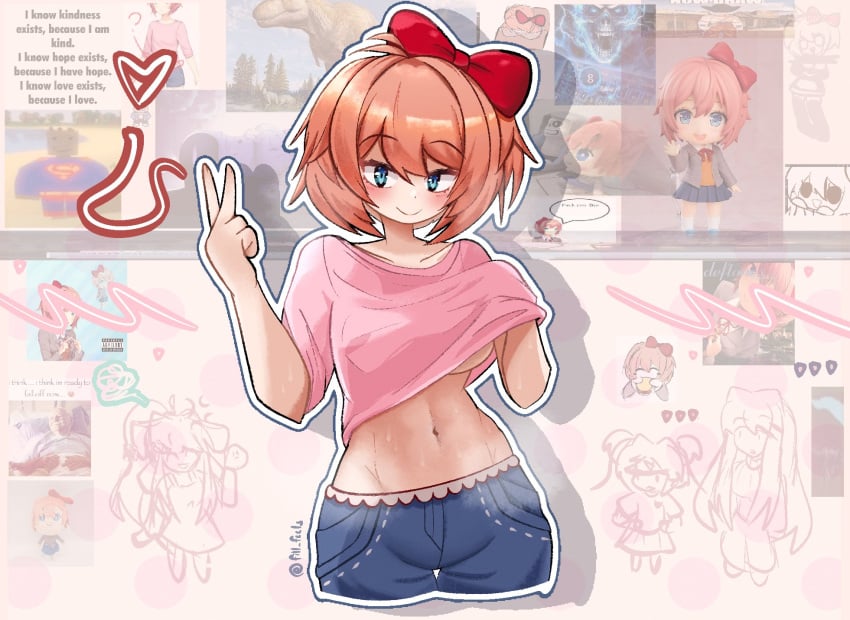 1girls blue_eyes boobs bow breasts doki_doki_literature_club fill_feels hair_bow hairbow just_sayori navel red_bow red_hair_bow red_hairbow sayori_(doki_doki_literature_club) shorts strawberry_blonde_hair underboob