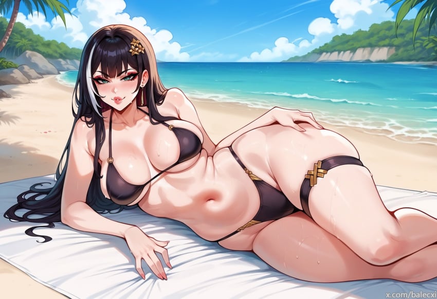 ai_generated baizhi_(wuthering_waves) balecxi beach bikini black_hair green_eyes hair_ornament large_breasts looking_at_viewer lying on_side streaked_hair thick_thighs wuthering_waves