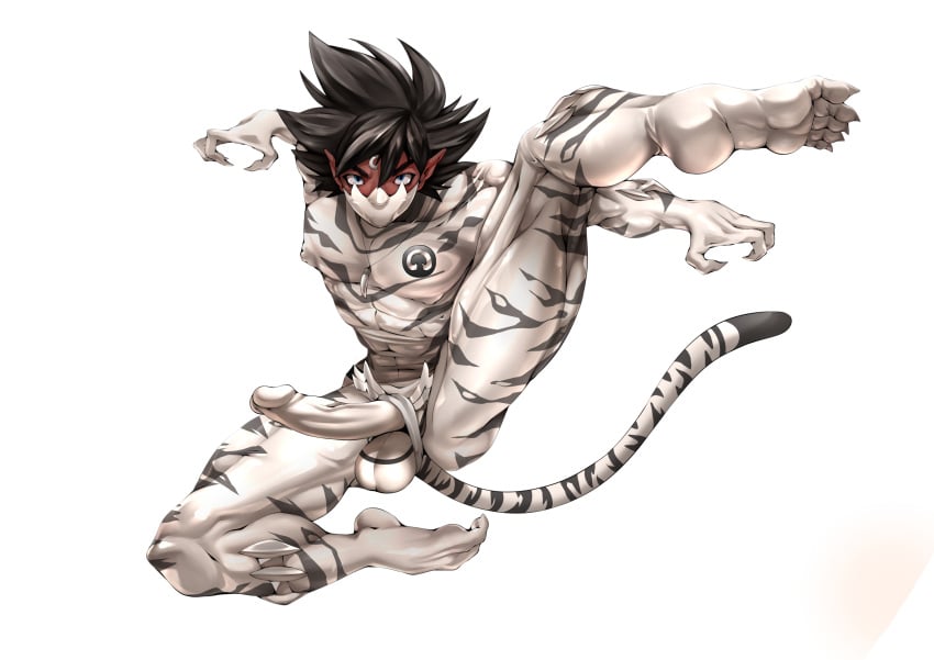 anal_plug black_hair bodysuit brown_skin clawed_fingers clawed_toes cock_ring erect_penis erection_under_clothes had..._(artist) jumping miraculous necklace oc original_character pointy_ears rubber_suit superhero tail_plug tiger_boy tiger_stripes tiger_tail