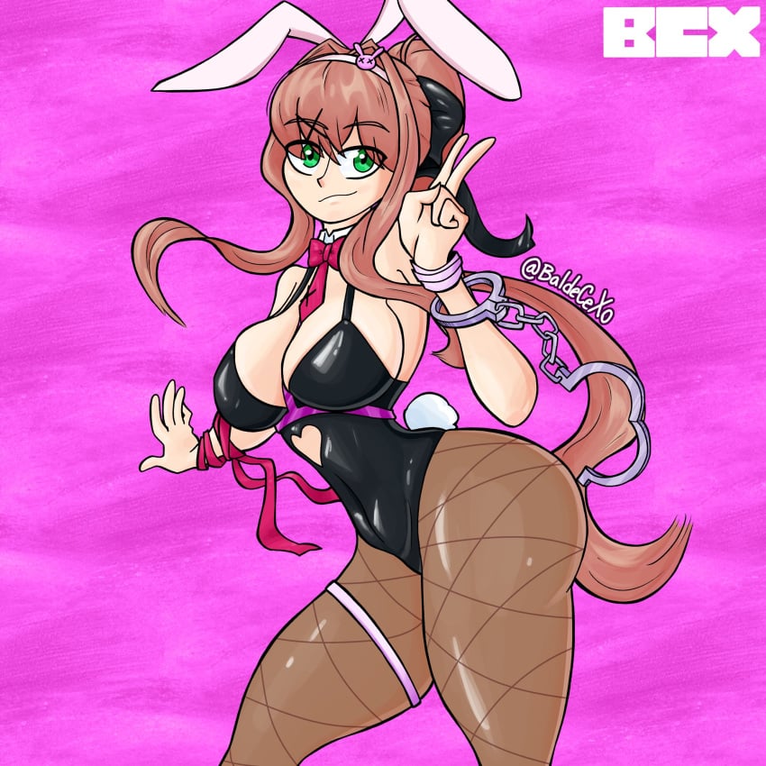 5_fingers baldecx breasts bunny_ears bunnysuit cuffs doki_doki_literature_club green_eyes hand_cuffs long_hair monika_(doki_doki_literature_club) rabbit_hole_(cosplay)