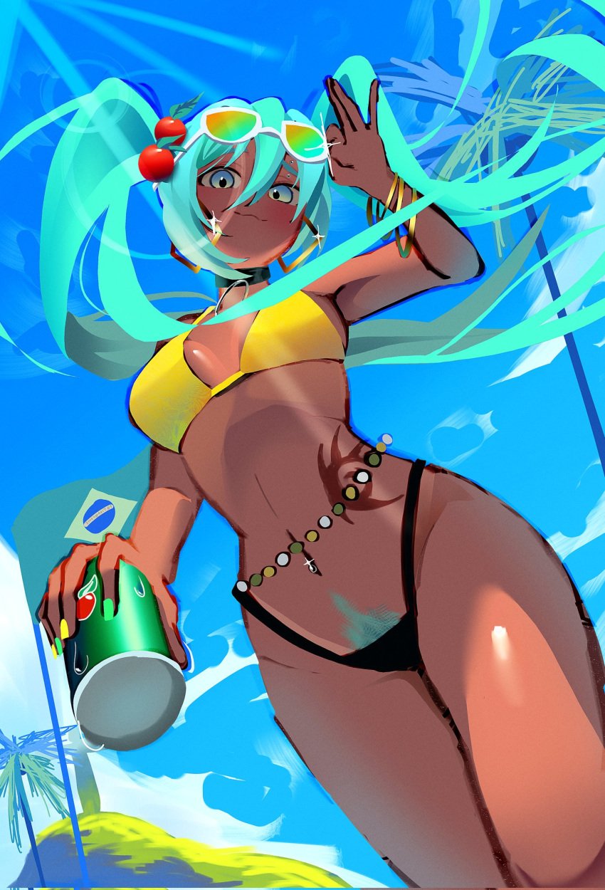 1girls :3 beach bikini blue_eyes blue_hair brazil brazilian brazilian_female brazilian_flag brazilian_flag_bikini brazilian_miku choker colored_pubic_hair cross flag from_below guarana happy_trail hatsune_miku holding_can holding_object i_just_love_latinas_sonic irreligiositat latin_american_hatsune_miku_(meme) latina looking_at_viewer looking_down medium_breasts navel navel_piercing pubes pubic_hair pubic_hair_peek shadow_the_hedgehog_tattoo soda solo sunglasses sunglasses_on_head tan tan-skinned_female tan_body tan_skin tattoo thong twintails vocaloid wristwear