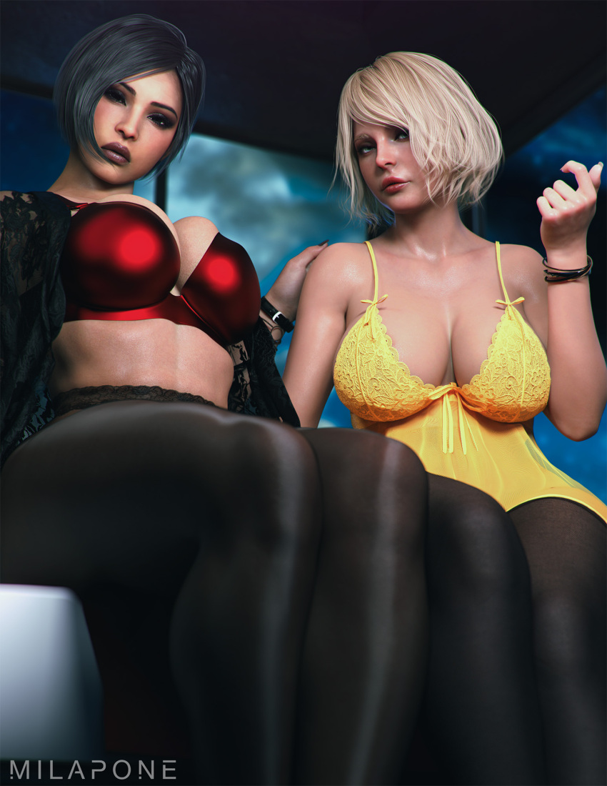 2girls 3d ada_wong ada_wong_(adriana) ashley_graham ashley_graham_(ella_freya) big_ass big_breasts breasts bust busty capcom chest cleavage curvaceous curvy curvy_figure female female_focus hips hourglass_figure huge_ass huge_breasts large_ass large_breasts legs light-skinned_female light_skin mature mature_female milapone pantyhose resident_evil resident_evil_2 resident_evil_2_remake resident_evil_4 resident_evil_4_remake sagging_breasts slim_waist thick thick_hips thick_legs thick_thighs thighs tights voluptuous waist wide_hips yuri