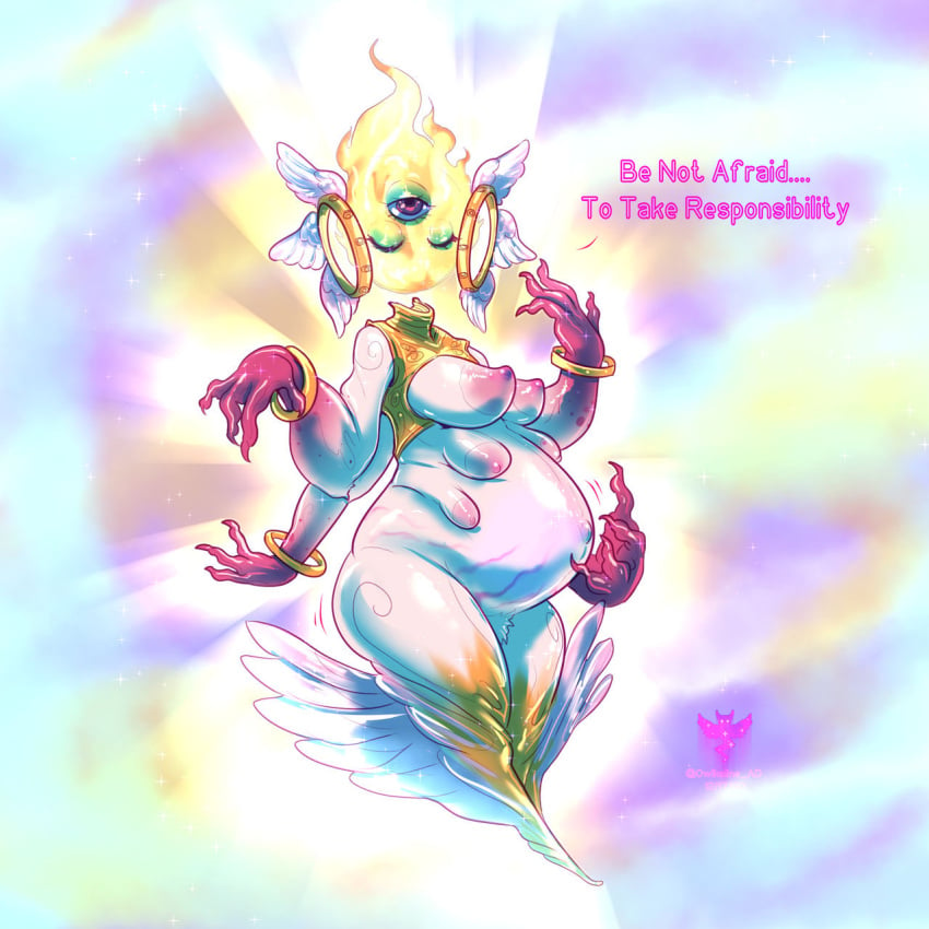 3_eyes 4_arms 6_breasts biblically_accurate_angel breasts closed_eyes english_text female humanoid multi_arm multi_breast multi_eye multi_limb owlkaline pregnant tagme text