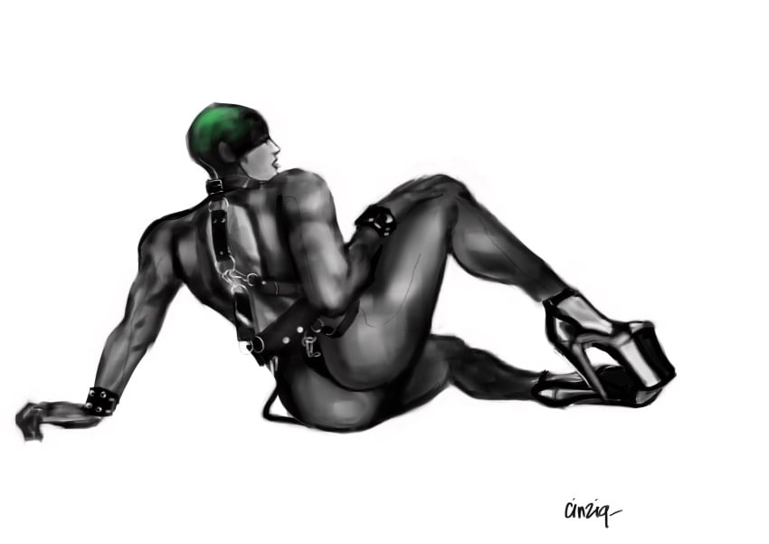 1human 1male 1man bandana black_and_white cinziq cinziq_(artist) digital_art heels human_artist leather leather_harness leather_restraints male male_only muscular no_ai one_piece pleaser_heels roronoa_zoro solo solo_focus solo_male