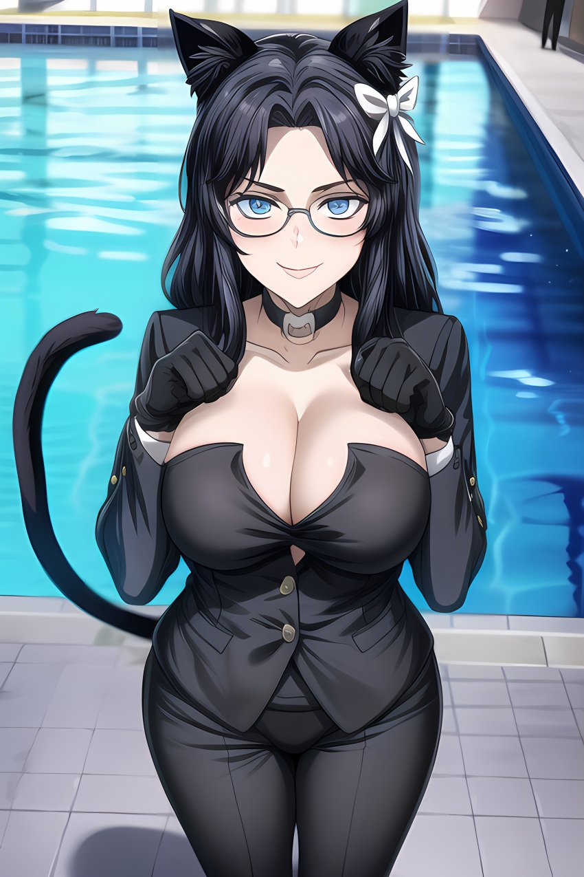 1girls ai_generated ass ass_focus big_breasts black_hair blue_eyes breasts cat_ears cat_tail catgirl female female_focus female_only glasses huge_ass huge_breasts large_breasts long_hair mature_female milf office_lady poolside thighs