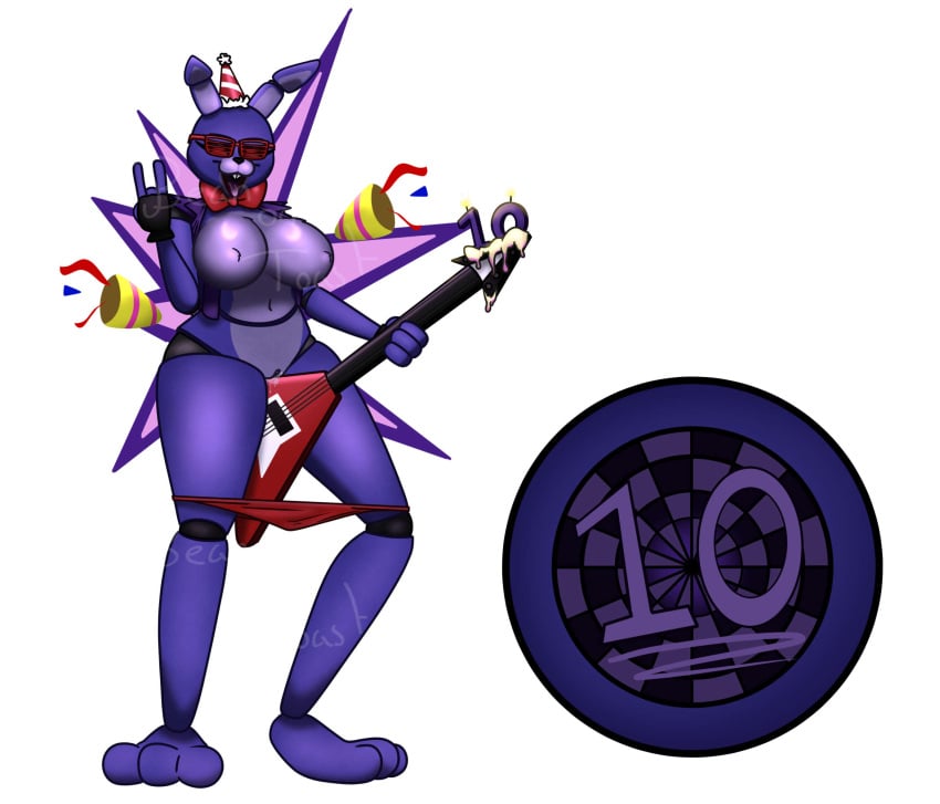 2024 2d 2d_(artwork) 2d_artwork animatronic animatronic_female anthro beanontoast blue_body bonnie_(fnaf) breasts bunny bunny_girl five_nights_at_freddy&#039;s furry_female guitar nipples_outline red_eyes red_thong robot robot_girl robot_joints