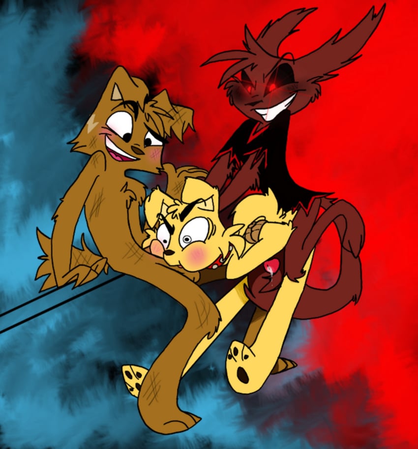 3boys anal animal_genitalia anthro balls blush clothing cum damian_(zoophobia) duo erection forced fur jack_(zoophobia) male masturbation oral penetration penis red_eyes rusty_(zoophobia) simple_background smile vivienne_medrano yaoi zoophobia