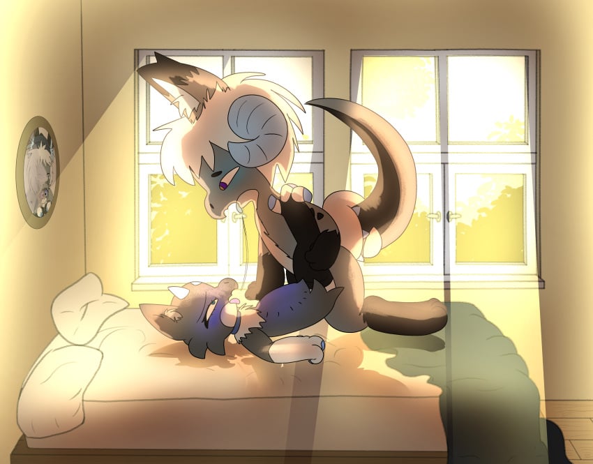 absurd_res anthro baishu bedroom bedroom_sex black_body black_fur blue_eyes blush bodily_fluids by_moan claws clothing collar detailed_background duo eye_contact fan_character female fur furred_kobold furred_scalie grey_body grey_fur hair hi_res holding_leg horn hybrid inner_ear_fluff kissing kobold legwear light light_beam looking_at_another male male/female penetration picture_frame pillow purple_eyes saliva saliva_string sato_(kabsfy) scalie sex shaded shadow stockings stomach_bulge sunbeam sunlight tail tail_hug tongue tongue_out tuft vaginal_penetration vaginal_penetration white_hair window window_light