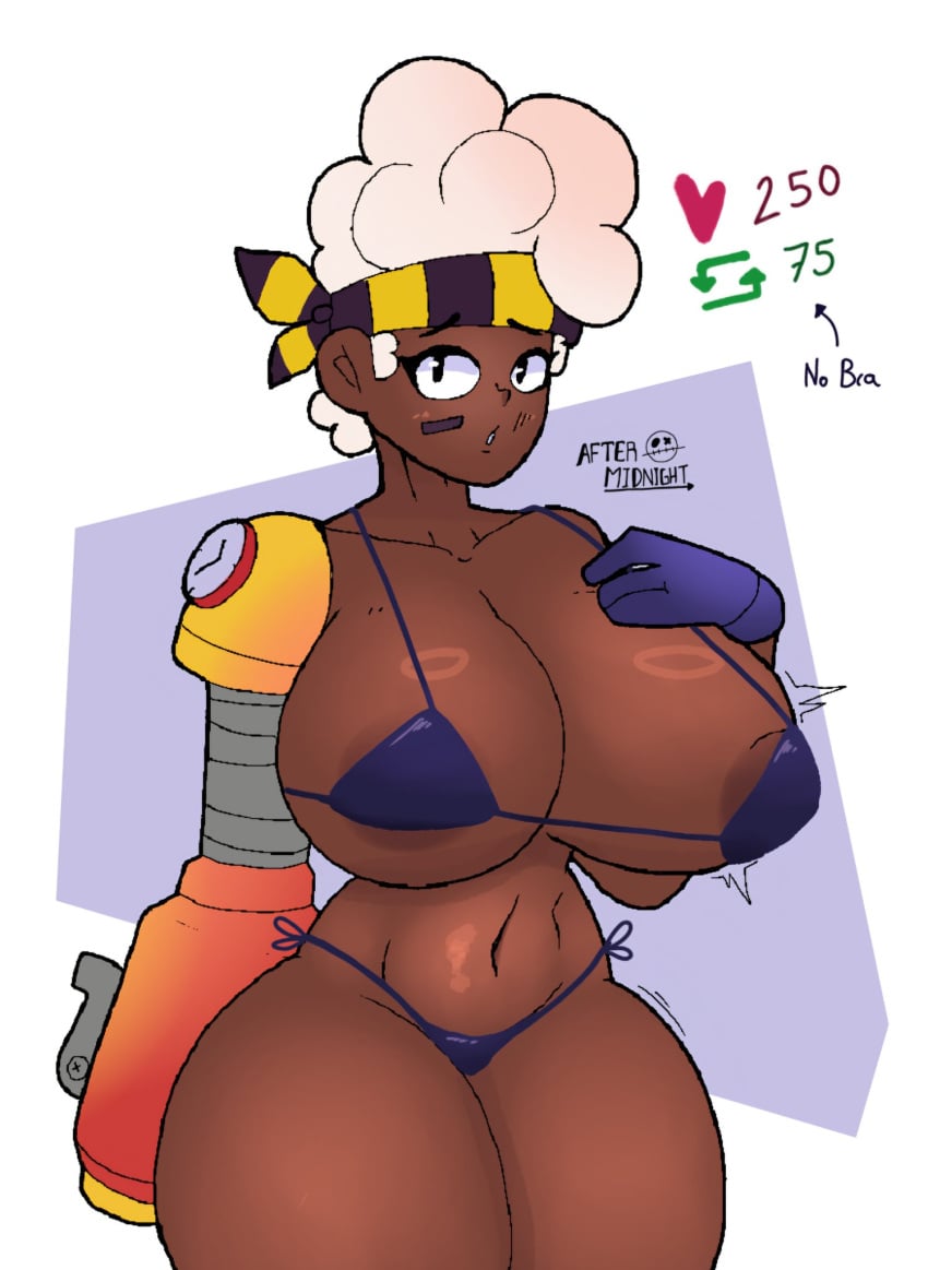 1girls afterm1dnight belly bikini blue_bikini blue_bra blue_panties bra brawl_stars breasts dark-skinned_female dark_skin female female_focus female_only huge_breasts huge_thighs maisie_(brawl_stars) navel panties solo solo_female solo_focus stomach strip_game thighs tummy white_hair white_hair_female