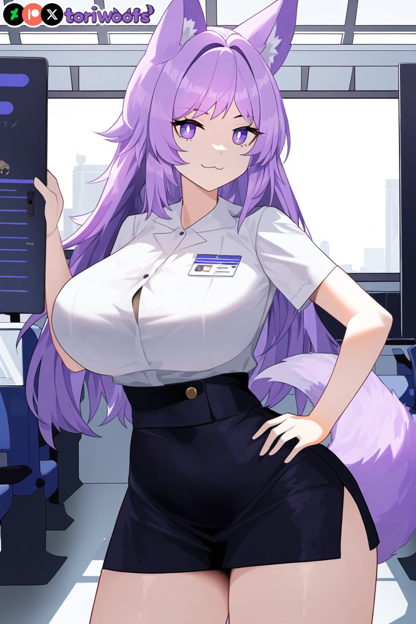 1girls :3 ai_generated big_breasts breasts curvy cute dog_ears dog_girl doggirl female female_focus female_only highres hips huge_boobs huge_breasts kemonomimi light_skin light_skinned_female long_hair patreon_username petgirl petite purple_ears purple_eyes purple_hair purple_tail thick_thighs thighs tori toriwoofs watermark wavy_hair white_skin white_skinned_female wide_hips wolf_ears