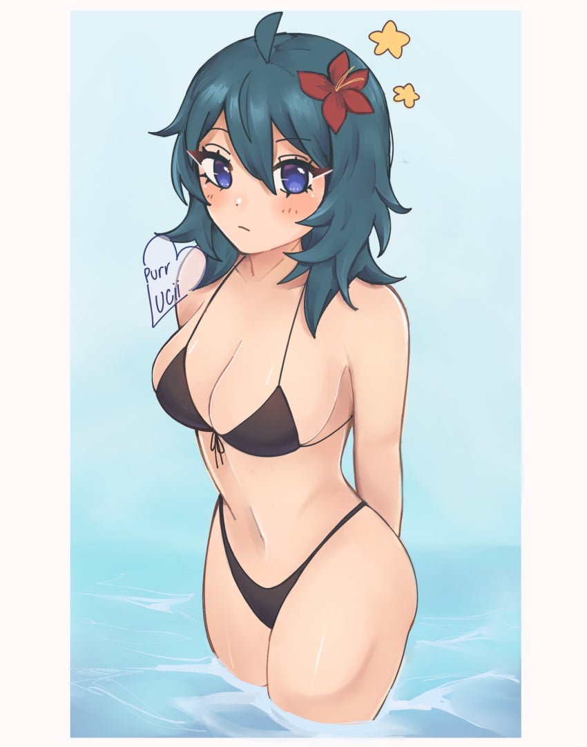 1girls ahoge bare_shoulders bikini black_bikini black_swimsuit blue_eyes blue_hair breasts byleth_(female)_(fire_emblem) byleth_(fire_emblem) byleth_(fire_emblem)_(female) cleavage female female female_only fire_emblem fire_emblem:_three_houses flower hair_flower hair_ornament highres long_hair medium_breasts navel nintendo purrlucii red_flower solo standing stomach swimsuit teal_hair thighs wading water