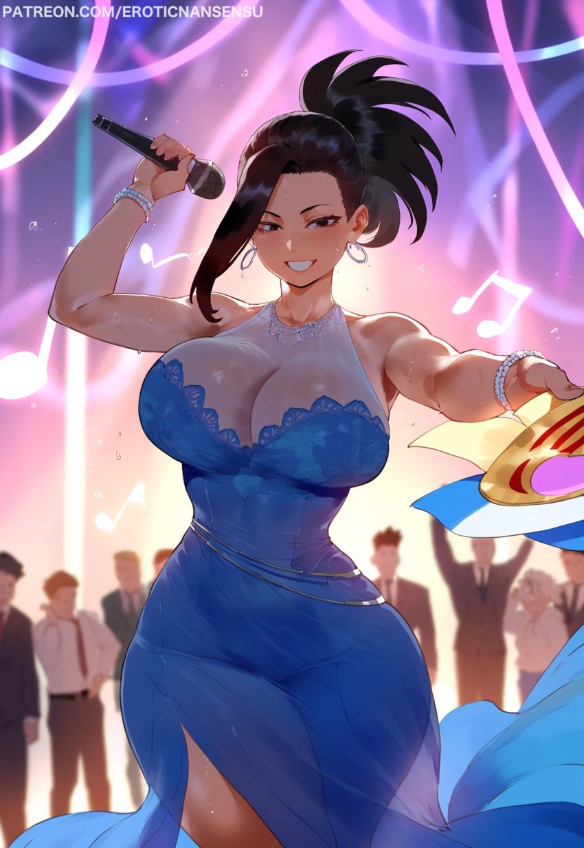 ai_assisted ai_generated bedroom_eyes big_breasts earrings erotic_nansensu momo_yaoyorozu my_hero_academia pantyless seducing seductive teenager thick_thighs