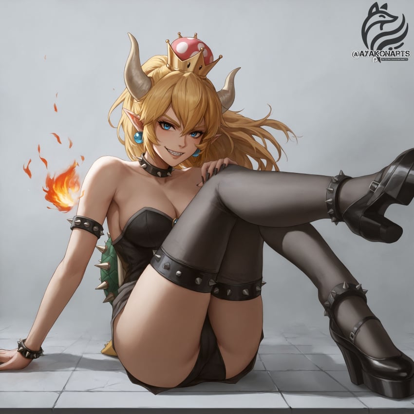 1girls ai_generated ayakonarts blonde_hair bowsette breasts clothing crown female female_only fire high_heels horns humanoid legs_up legwear looking_at_viewer mario_(series) new_super_mario_bros._u_deluxe nintendo sitting smiling solo solo_female super_mario_bros. voluptuous voluptuous_female