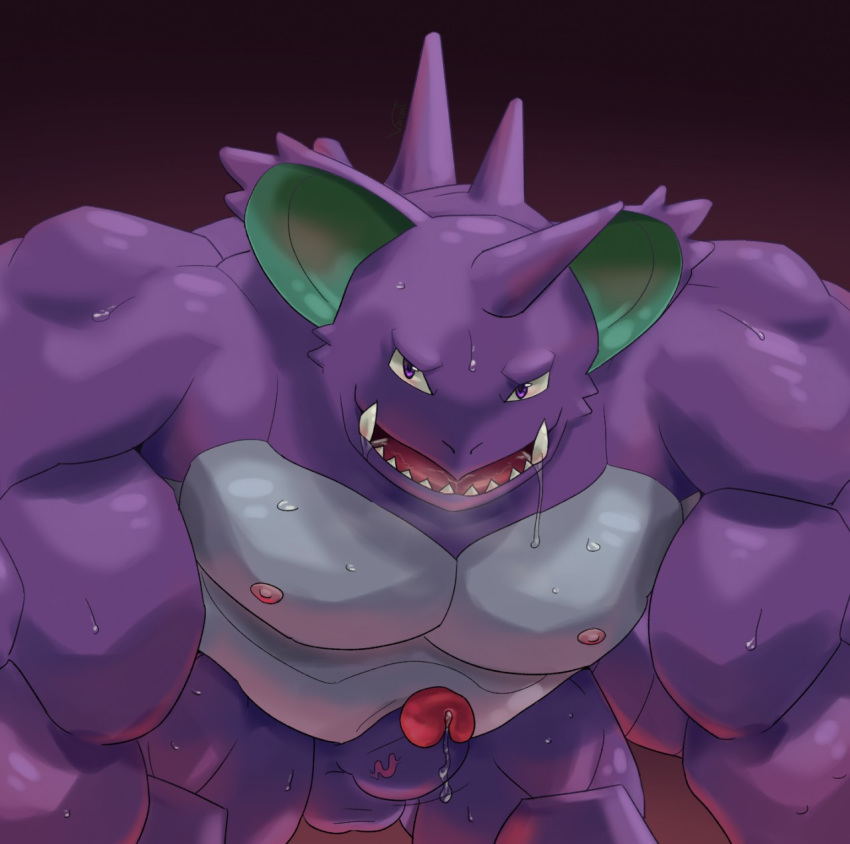 1boy all_fours animal_genitalia anthro balls belly biceps big_biceps bottomless clothed clothing cum erection front_view hi_res horn humanoid_penis looking_at_viewer male male_only manly mature_male muscular muscular_male nidoking nintendo nipples nude open_mouth partially_retracted_foreskin pecs penis pokemon pokemon_(species) precum purple_eyes relaxing saliva simple_background solo spikes sweat topless uncut vein veiny_penis video_games viridianvariant