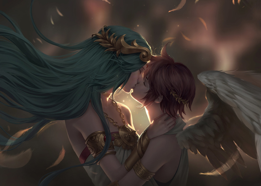 1boy 1girls age_difference angel angel_wings armlet bracelet bracer breasts brown_hair chubymi closed_eyes clothed couple dress embrace feathers female floating_hair goddess green_hair headgear headpiece highres hug jewelry kid_icarus kid_icarus_uprising kiss kissing larger_female long_hair love male neck neck_ring necklace nintendo older_female palutena pit pit_(kid_icarus) romantic size_difference smaller_male source_request straight strapless strapless_dress super_smash_bros. upper_body wholesome wings younger_male