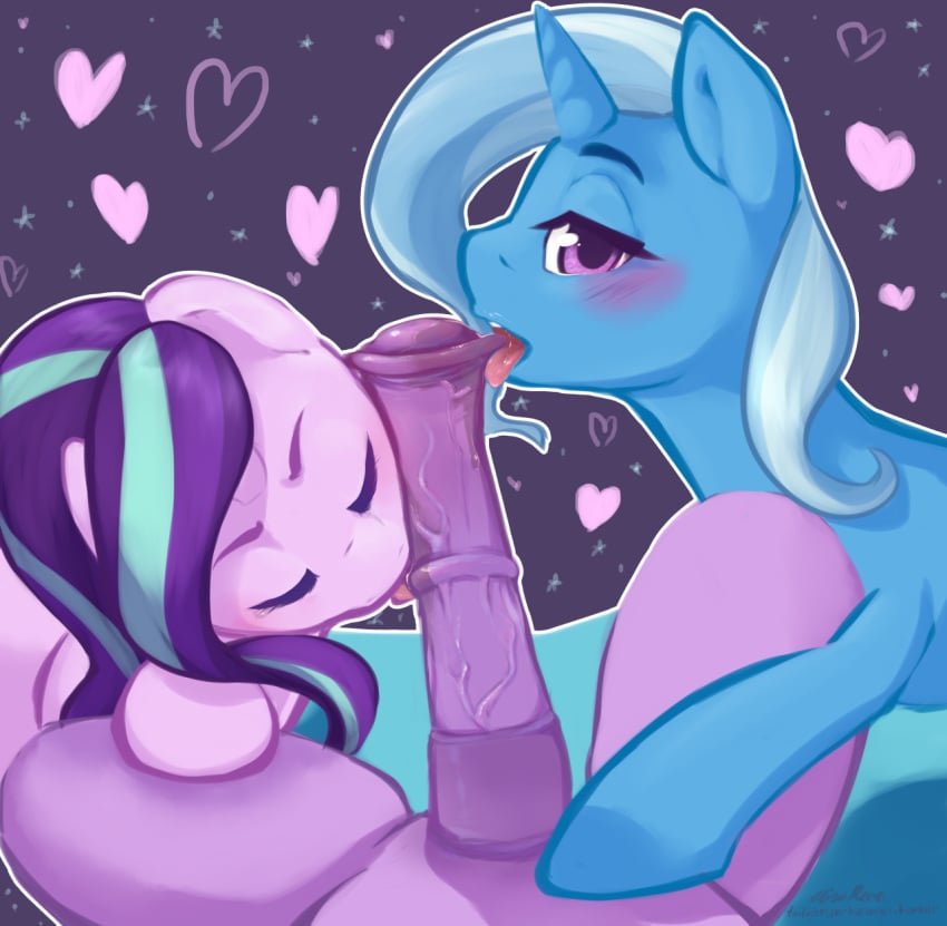 2girls aisuroma animal_genitalia animal_penis blue_skin blush color dickgirl equine_penis fellatio friendship_is_magic furry futa_on_female futanari hair heart horn horsecock intersex looking_at_viewer my_little_pony oral oral_sex purple_eyes purple_skin starlight_glimmer trixie_lulamoon twilight_sparkle_(mlp)