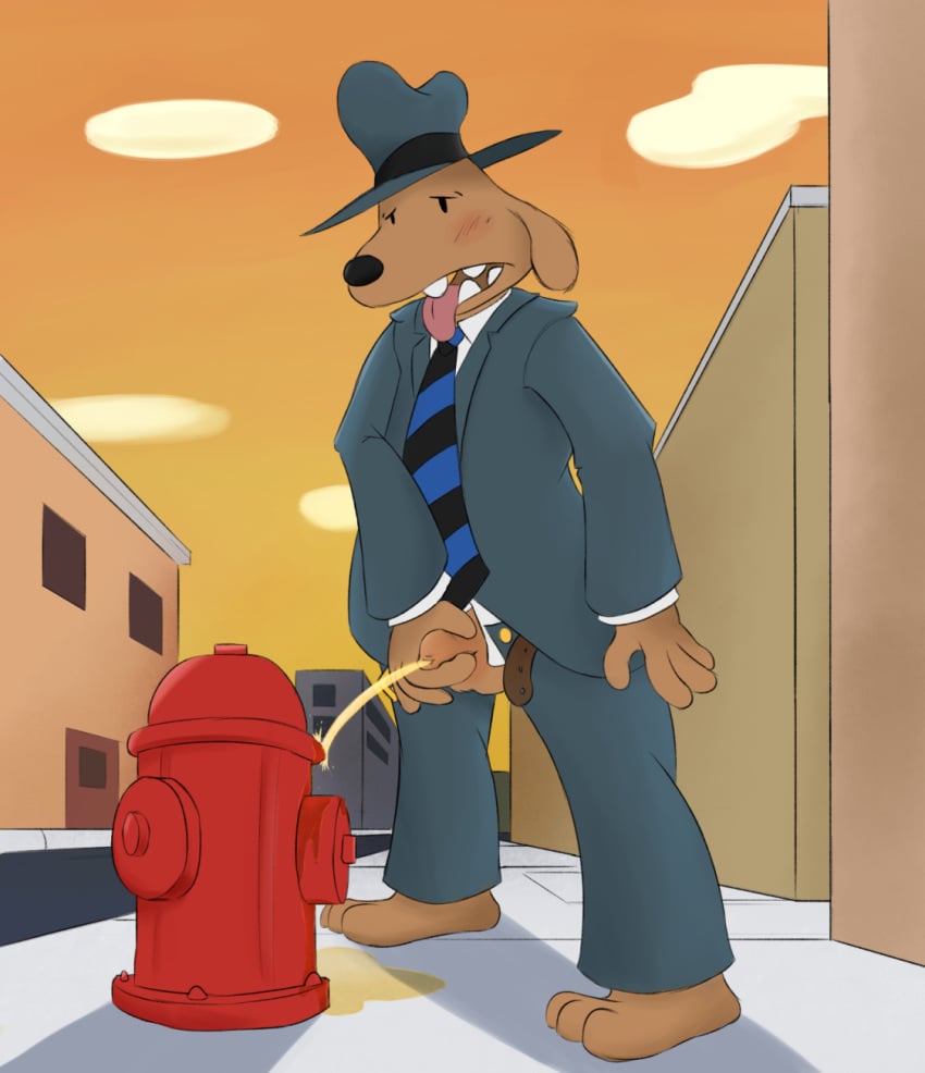 canine casual casual_exposure casual_urination clothing exposed_penis fire_hydrant male male_only mammal outdoor_pee outdoors peeing peeing_on_object penis public public_urination sam_(sam_and_max) sam_and_max urinating urinating_male urination urine urine_pool urine_stream what