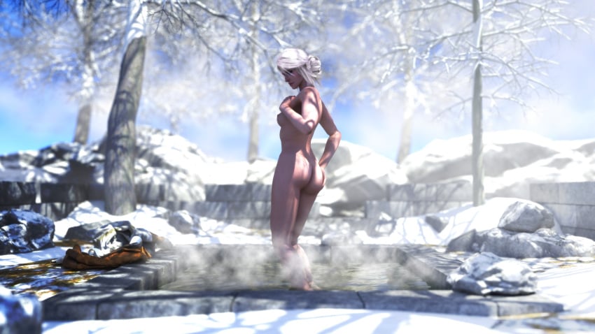 1girls 3d ass ass_grab bath bathing breasts cd_projekt_red ciri closed_eyes completely_nude darklordiiid female freckles freckles_on_face light-skinned_female light_skin nipples nude outdoors scar snow solo solo_female the_witcher_(series) the_witcher_3:_wild_hunt undressing white_hair